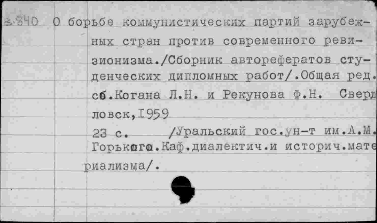 ﻿£•340	1 Э борьбе коммунистических партий зарубежных стран против современного реви-
	зионизма./Сборник авторефератов сту—
	денческих дипломных работ/.Общая ред.
	сб.Когана Л.Н. и Рекунова Ф.Н. Сверг
	ловек,1959
	23 с.	/Уральский гос.ун-т им.А.М.
	Горького.Каф.диалектич.и историч.мате
	риализма/.
	♦ —
	
	